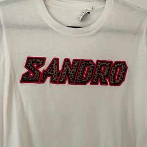 Sandro logo print cotton jersey t shirt in beige